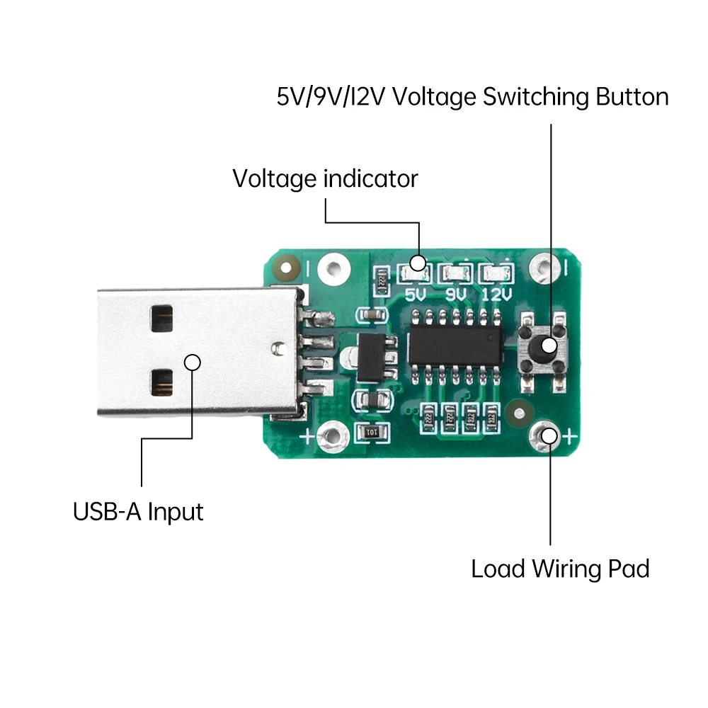 A picture of a PCB with a USB port, voltage selector and DC output