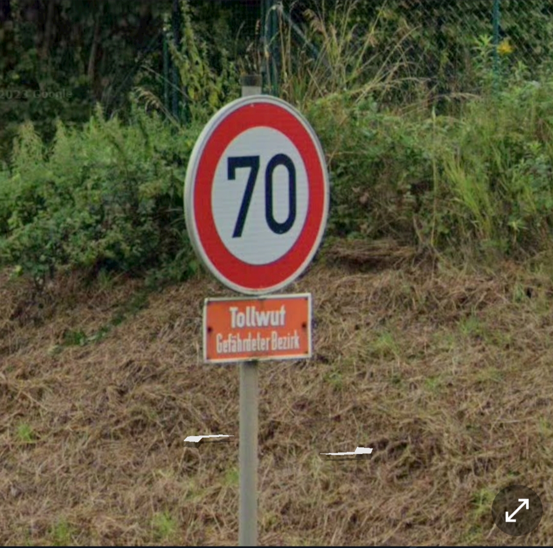 Ein rotes Schild "Tollwut 0x0a Gefährdeter Bezirk" vor der Einfahrt ins Dorf