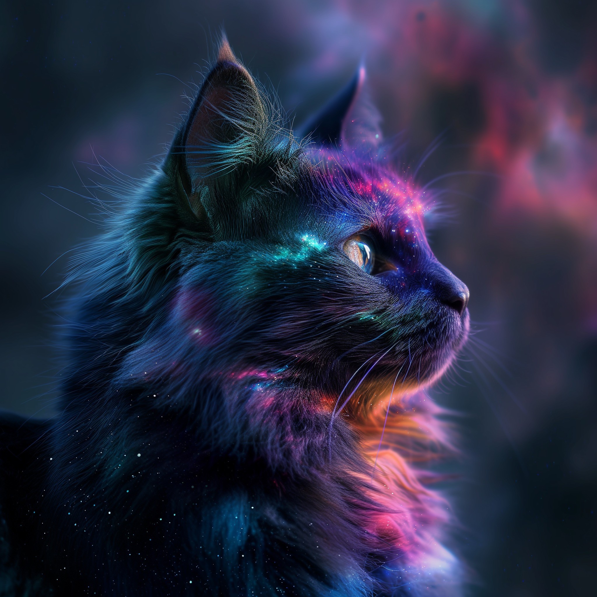 A detailed, high-resolution portrait of a cat with cosmic elements integrated into its fur. The cat's fur appears to be made of galaxies, nebulae, and stardust, with vibrant colors like deep blues, purples, and pinks. The cat's eye reflects the cosmos, giving it a mystical, otherworldly presence. The background is a soft blur, blending seamlessly with the cat's cosmic fur, enhancing the ethereal and dreamlike quality of the image. The overall style is hyper-realistic with a fantastical twist.