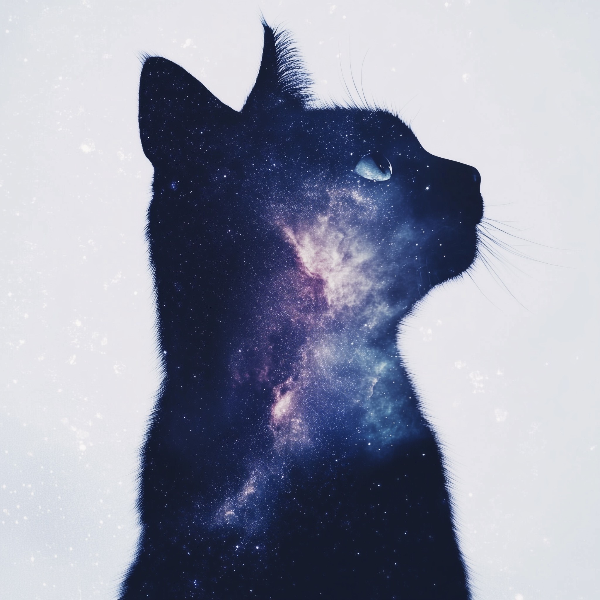 A silhouette of a cat faces right, with its head slightly raised, giving an impression of curiosity or contemplation. The entire body of the cat is filled with an image of a galaxy, complete with stars, nebulae, and cosmic dust, creating a striking contrast against the white background. The galaxy appears to be embedded within the cat, blending seamlessly with the cat's outline, making it appear as though the cat's form is composed entirely of the universe. The image conveys a sense of mystery and wonder, merging the concepts of the cosmic and the earthly.