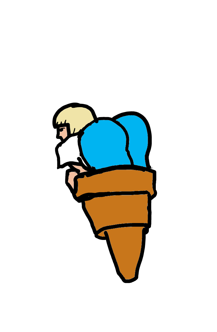 Large-bottomed person in  an ice cream cone shaped aircraft resembling the above picture