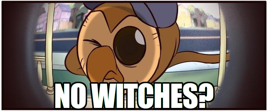 Hooty as displayed in panel 11 with the text 'NO WITCHES?' in impact font underneath