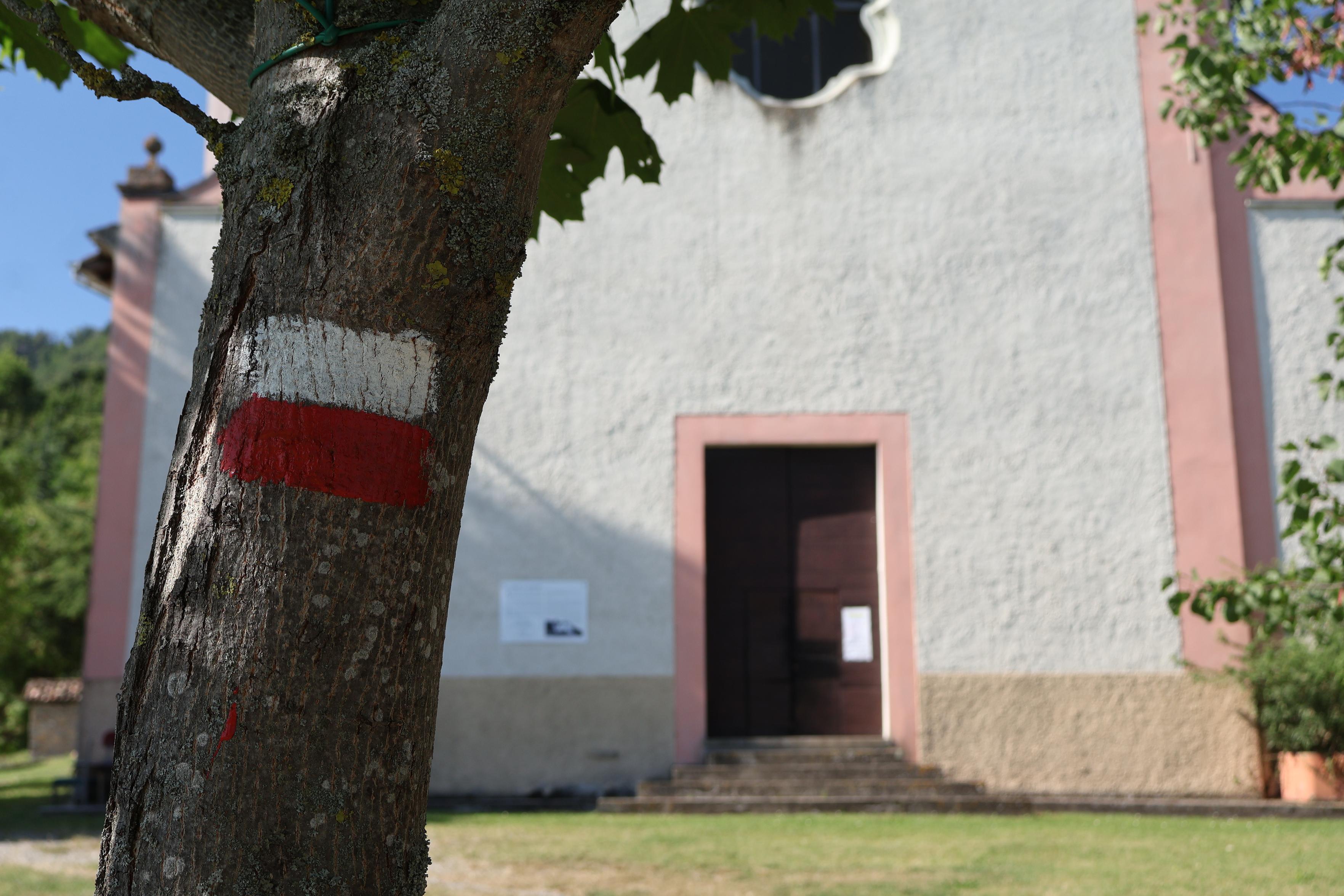 The image shows a close-up of a tree trunk with a red and white trail marker painted on it. In the blurred background, there is a church with an open doorway.