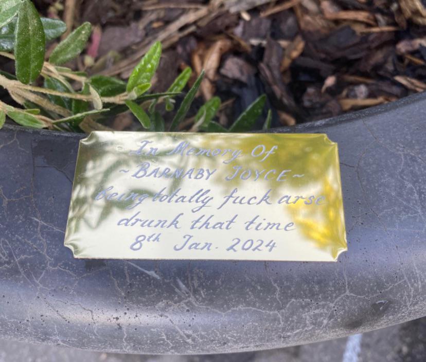 Plaque reading "In memory of Barnaby Joyce being totally fuck arse drunk that time 8th Jan 2024"