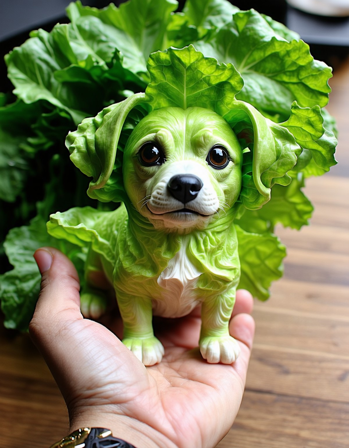 A hand holding a small hybrid between a dog and lettuce. 