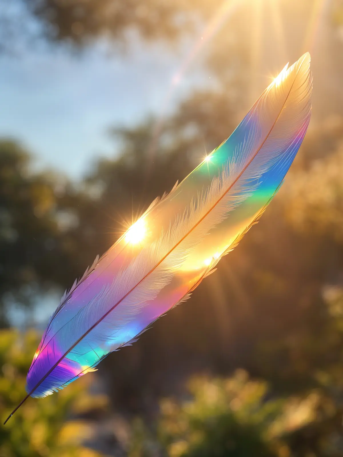 A single feather caught in a gentle breeze against a backdrop of soft-focus greenery and sunlight. The feather appears iridescent, with a spectrum of colors highlighted by the sun’s rays peeking through its delicate structure.