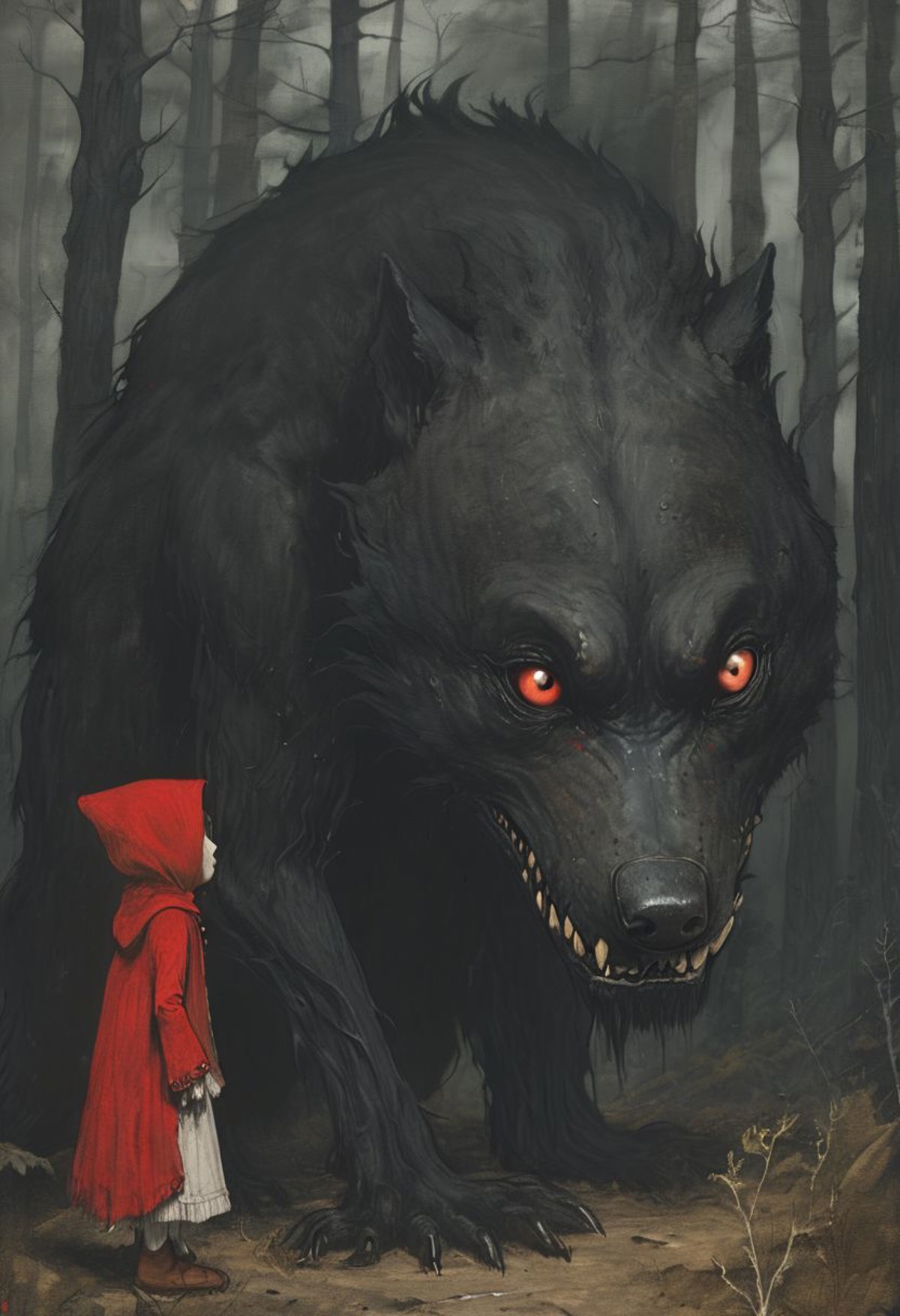 A large, black wolf with glowing eyes standing in a dark forest, next to a small figure wearing a red hooded cloak