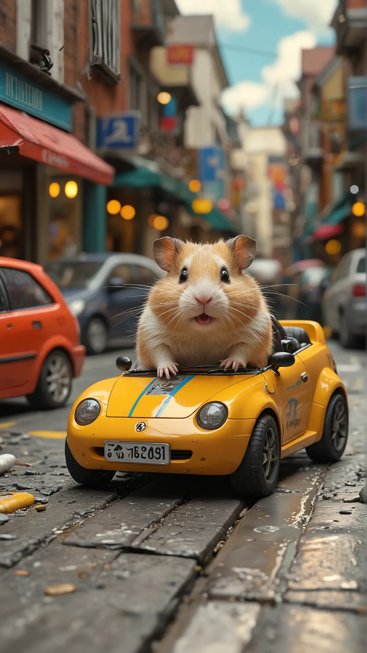 A hamster driving a miniature yellow convertible car down a tiny city street lined with various storefronts and signs. 