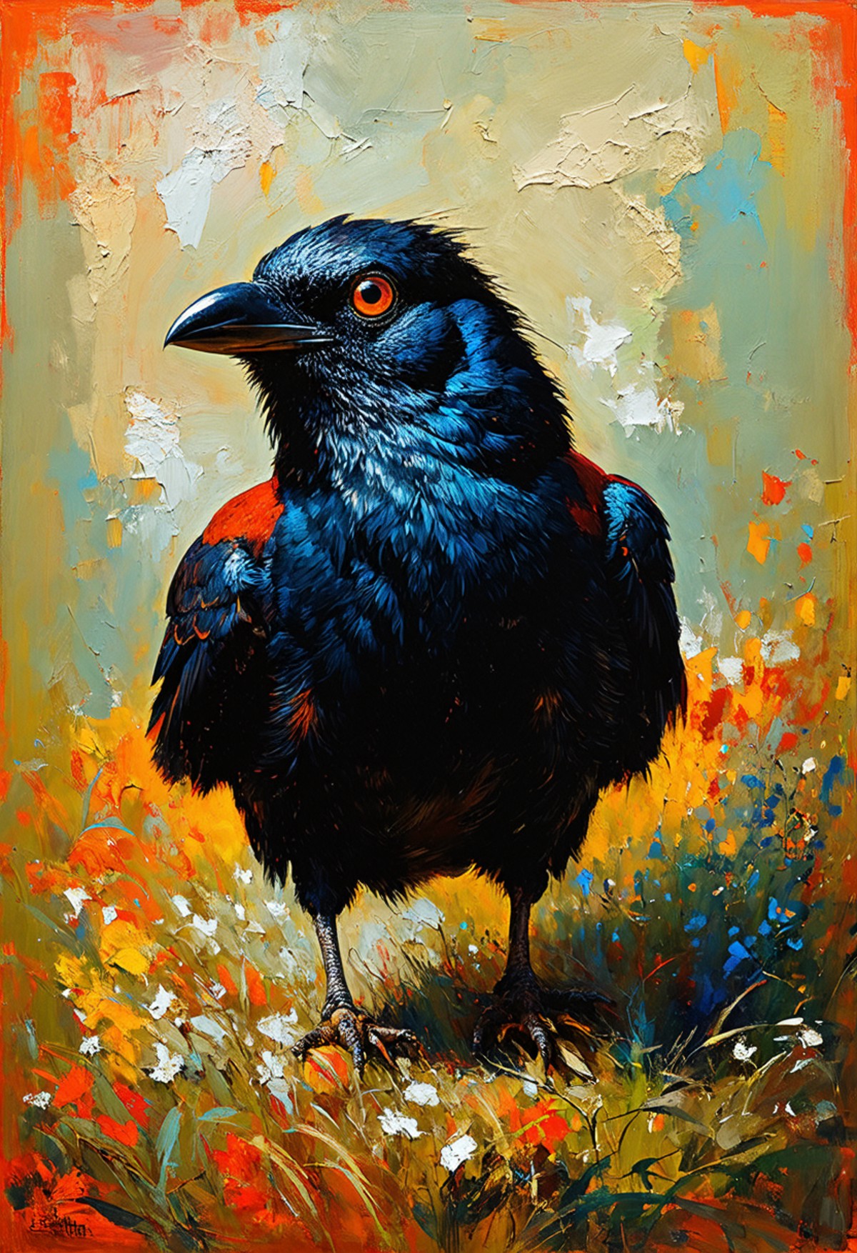 A raven standing in a field of colorful wildflowers. The bird’s plumage is predominantly black with hints of blue, that draws attention against the softer background hues. 