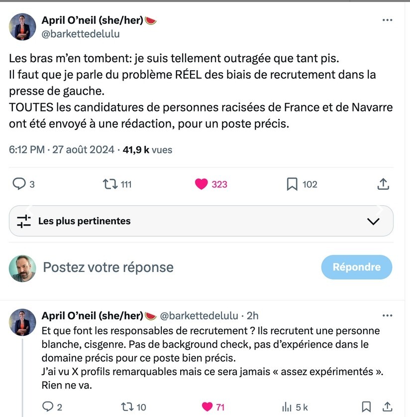 screenshot d'un commentaire sur X exppliqant pourquoi le recrutement de mediapart pose problème