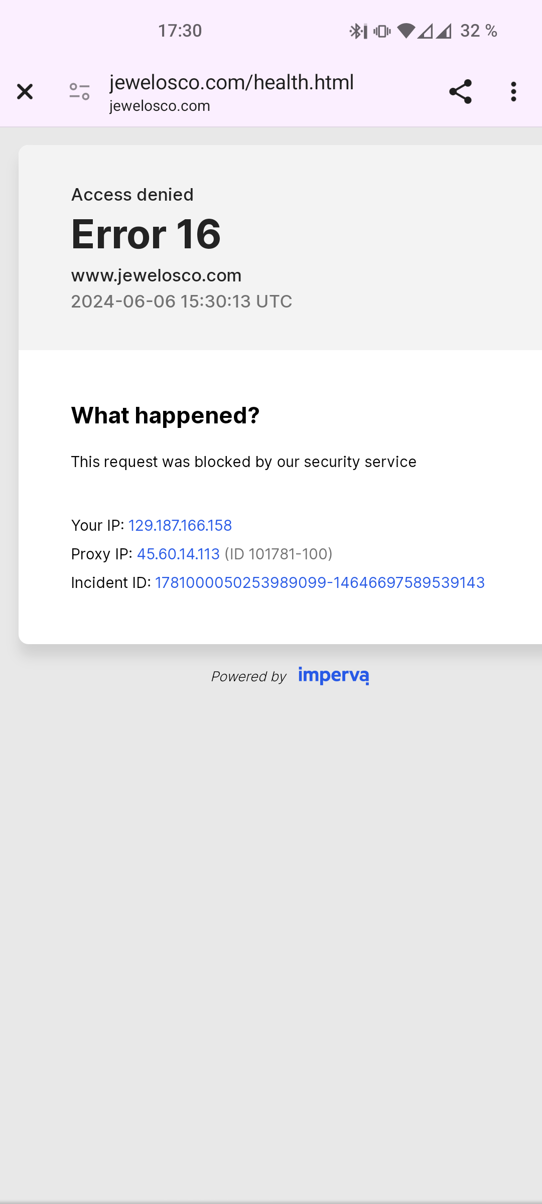 An error message is displayed which tells the user that error 16 occurred - they have been blocked by the sites security service