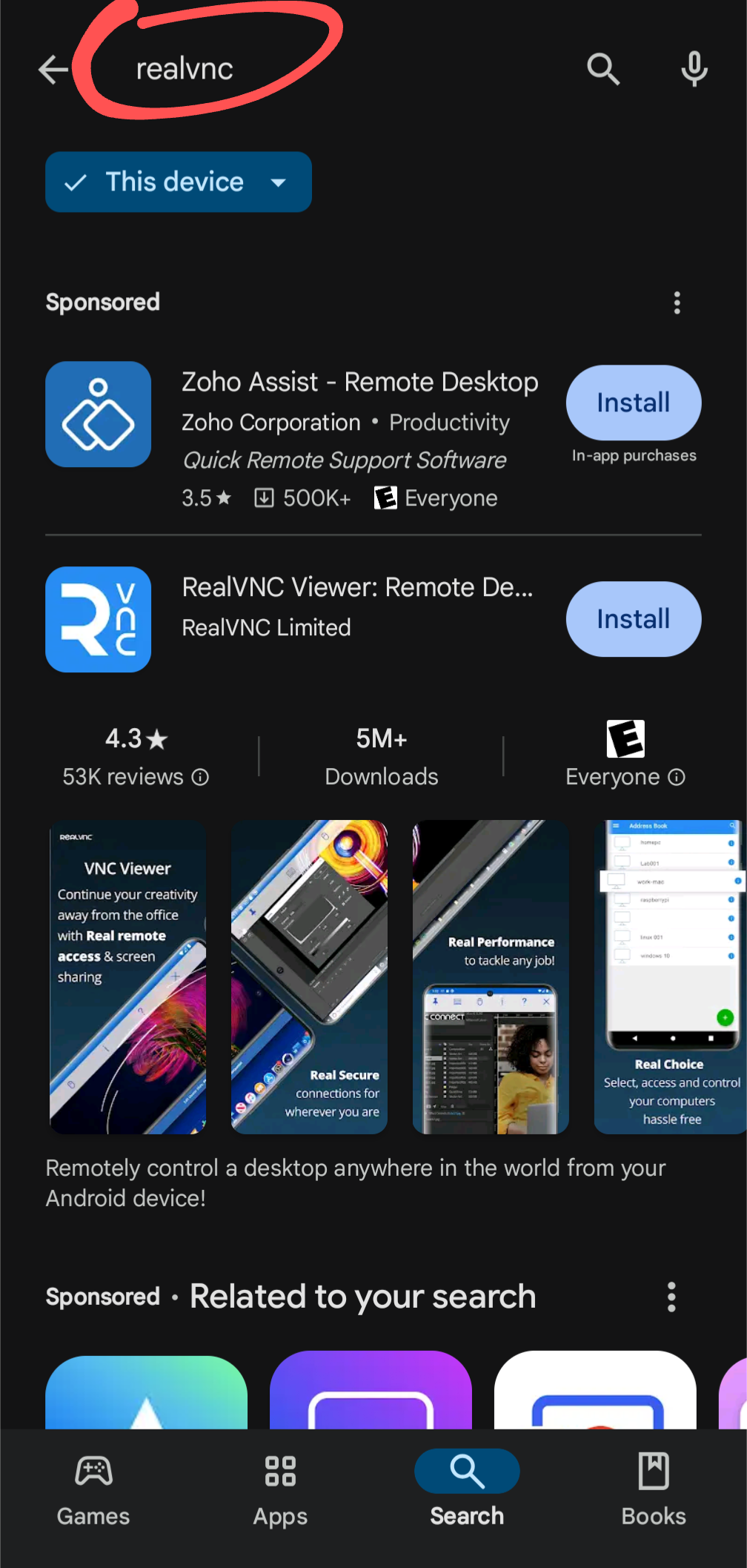 a screenshot of a search for realvnc on the Google Play Store, showing an ad above the real result