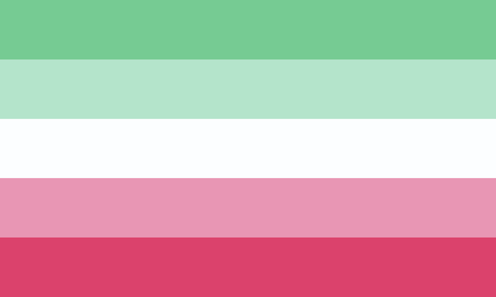 Flag with five stripes: light green, pale green, white, pale pink, and hot pink