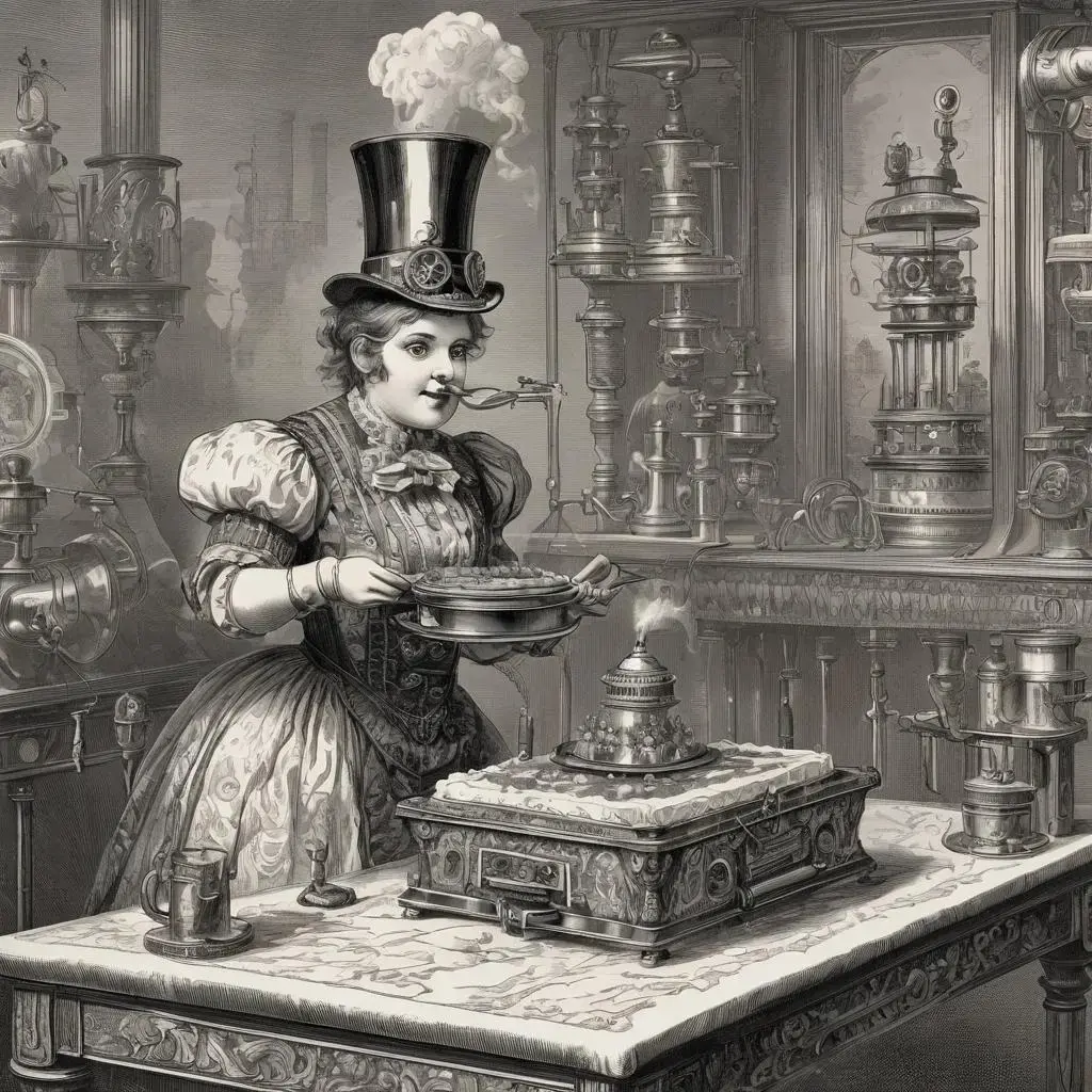 Image with seed 815346076 generated via AI Horde through @aihorde@lemmy.dbzer0.com. Prompt: a victorian engraving of a steampunk automate eating a birthday cake