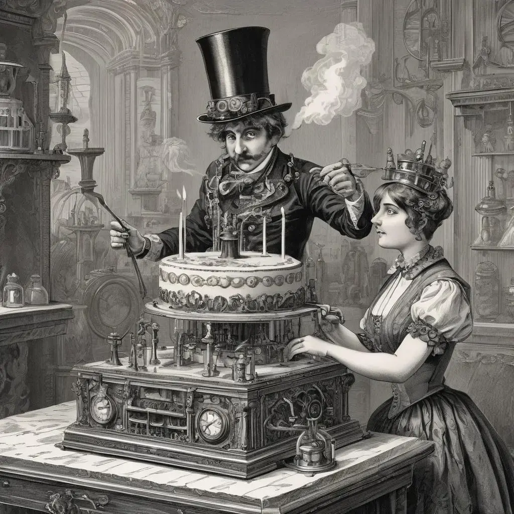 Image with seed 815346076 generated via AI Horde through @aihorde@lemmy.dbzer0.com. Prompt: a victorian engraving of a steampunk automate eating a birthday cake