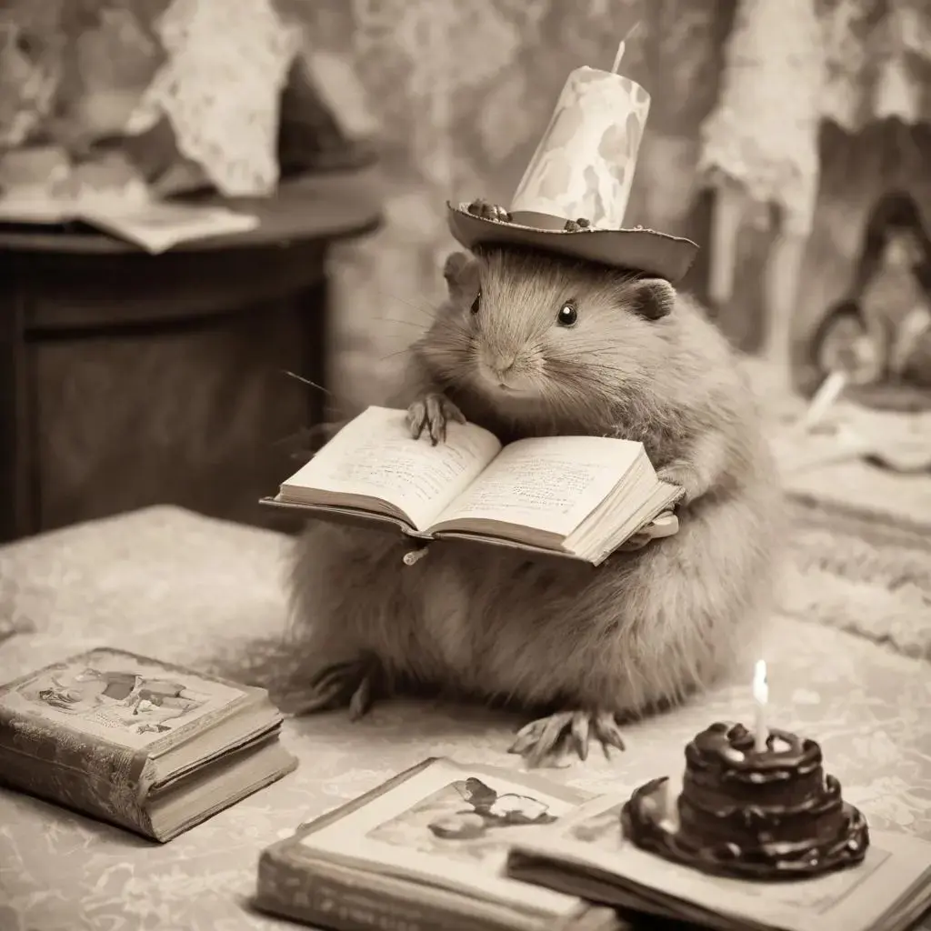 Image with seed 2349071084 generated via AI Horde through @aihorde@lemmy.dbzer0.com. Prompt:  a lemming eating birthday cake while reading a book, sepia photography, vintage party 