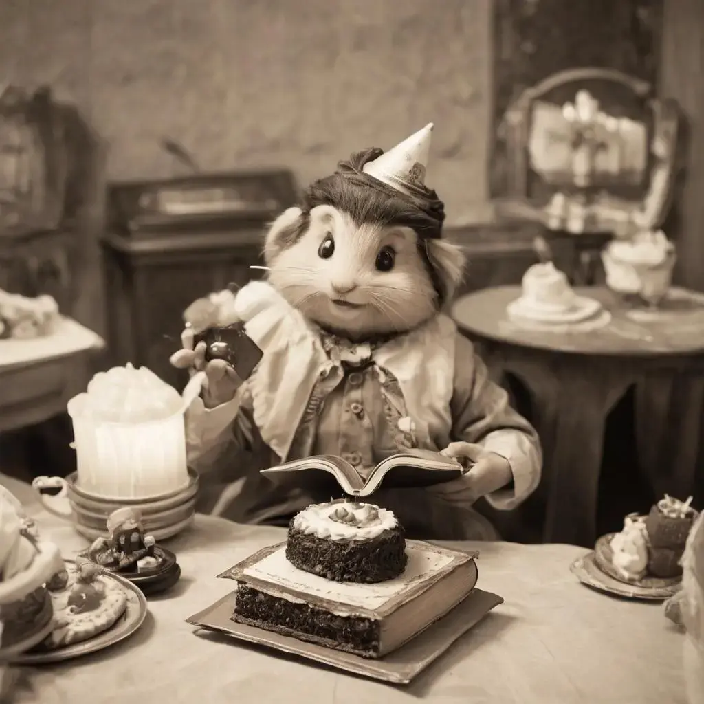 Image with seed 2349071084 generated via AI Horde through @aihorde@lemmy.dbzer0.com. Prompt:  a lemming eating birthday cake while reading a book, sepia photography, vintage party 