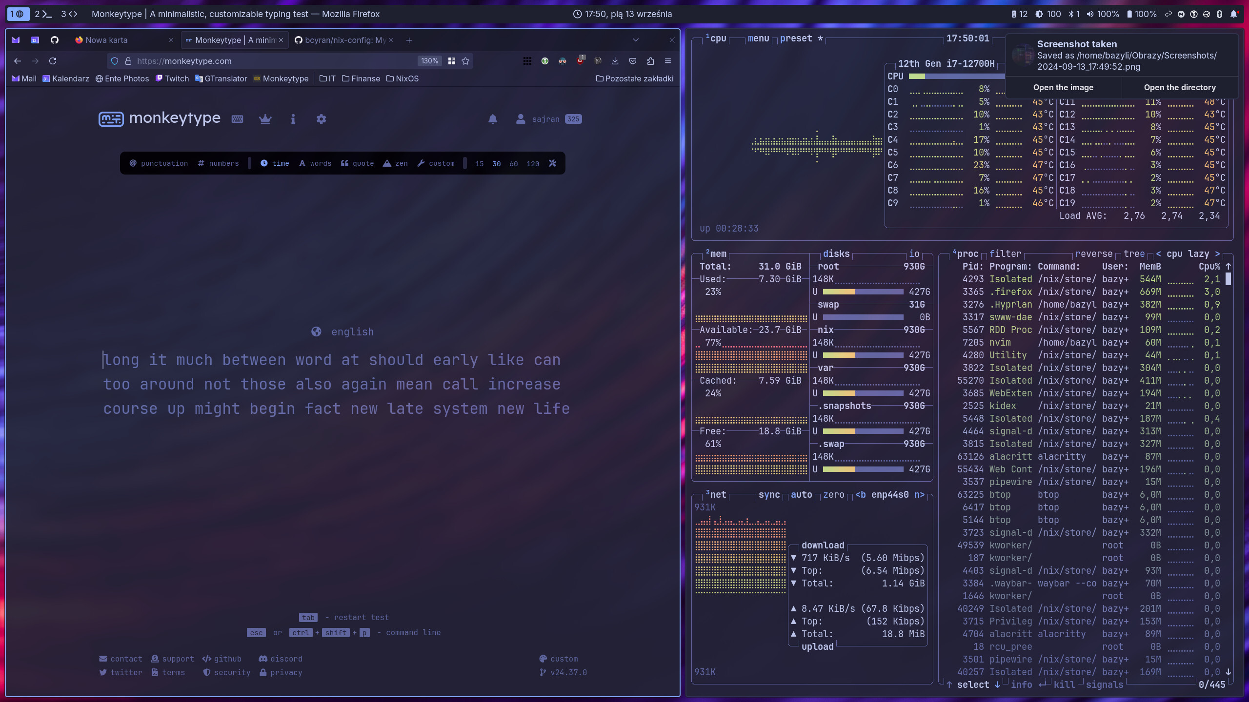 Screenshot of desktop with tiled firefox and terminal emulator running btop windows