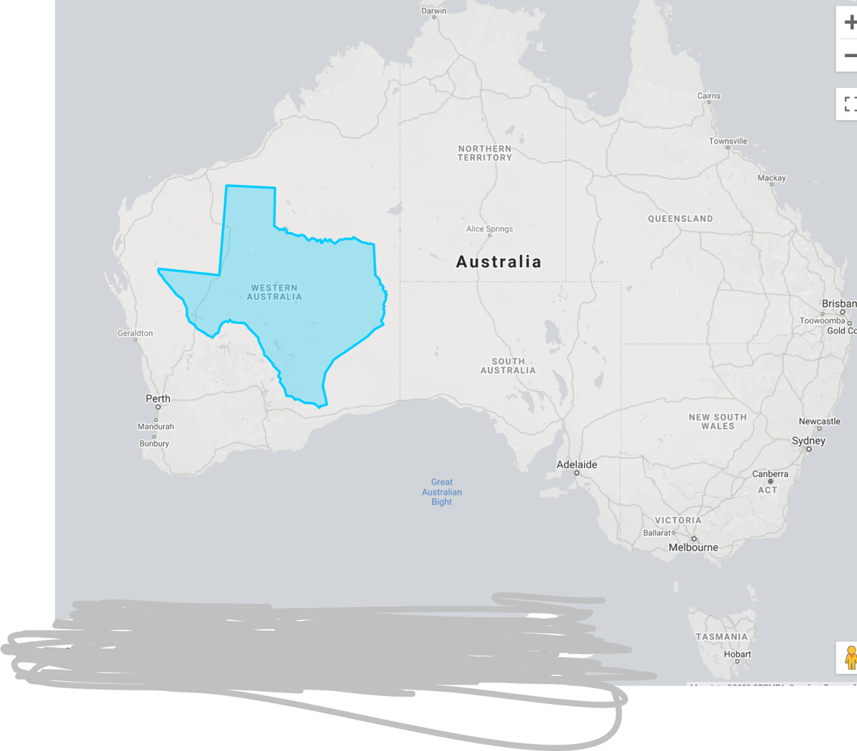 Map of Texas overlayed over Australia, indicating it's smaller size compared with most Australian states.