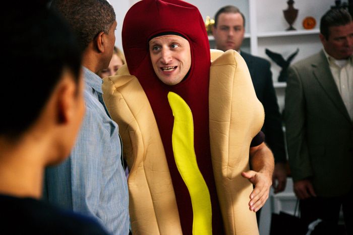 Tim Robbins in a Hotdog Costume next to a crashed Hotdog car