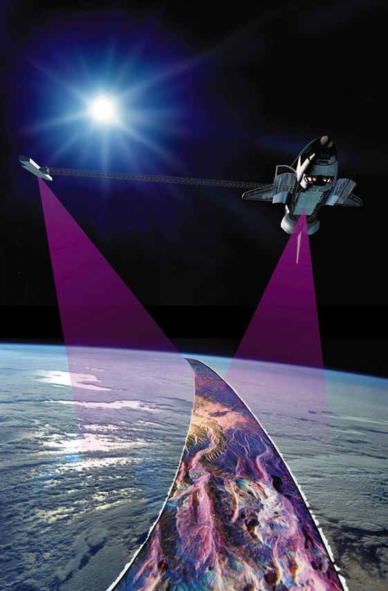 Artist rendering shows a space shuttle with a purple beam emanating from it to a blue, cloudy sphere below. Attached to the shuttle is a long mast with a device at the end of it, where another purple beam emanates down to the same point on Earth, at a different angle.