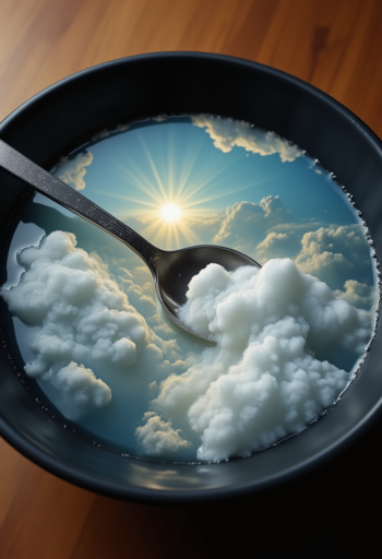 A black bowl on a wooden surface filled with liquid appears to contain a sky with clouds and a bright sun. A spoon is placed in the bowl, and it seems to be scooping up a cloud. 