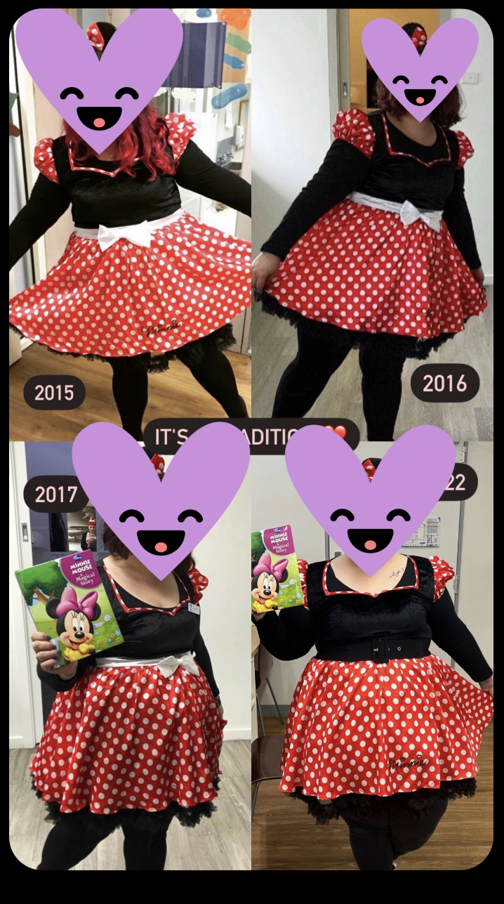 pictured is a photo collage of 4 seperate photos of one person (face cover by emoji) in a red polka dot Minnie Mouse costume