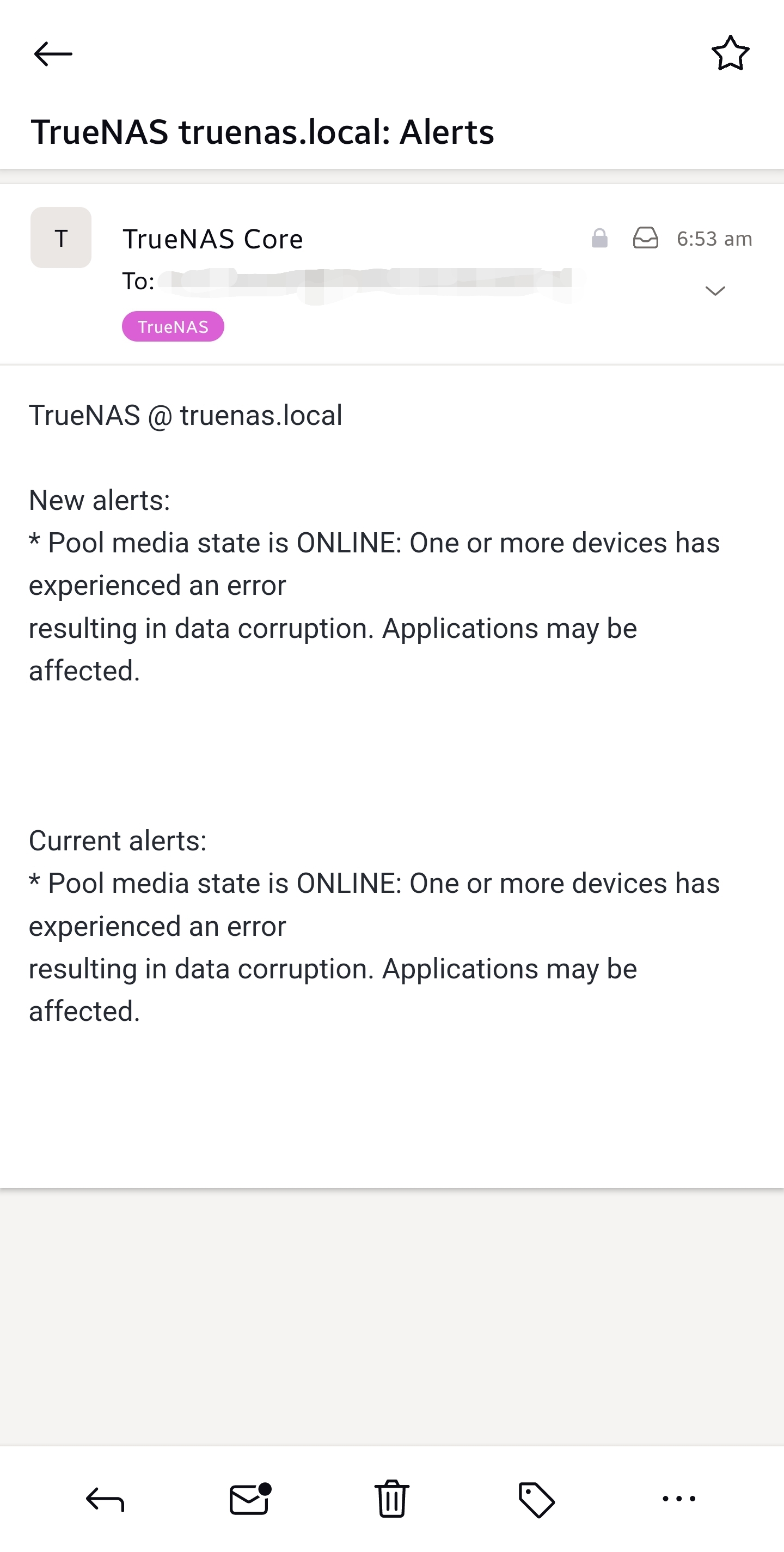 Email alert about data loss from TrueNAS