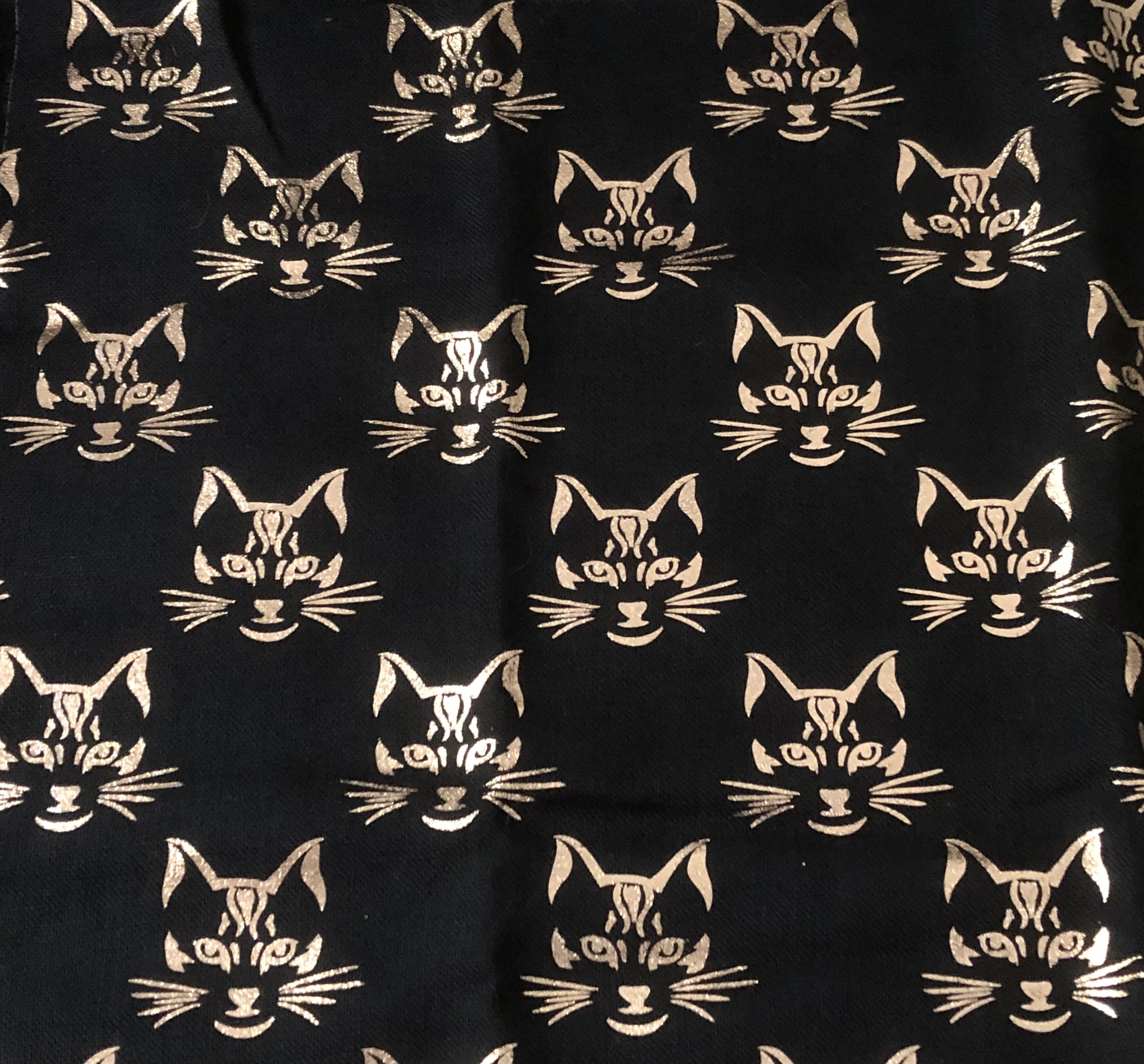 black  gold cat print fabric 