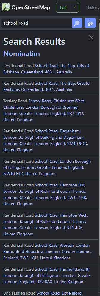 screenshot of OpenStreetMap searching for "school road" showing a number of roads with that name, the first two being the same road in Brisbane, Australia, the rest being in the UK