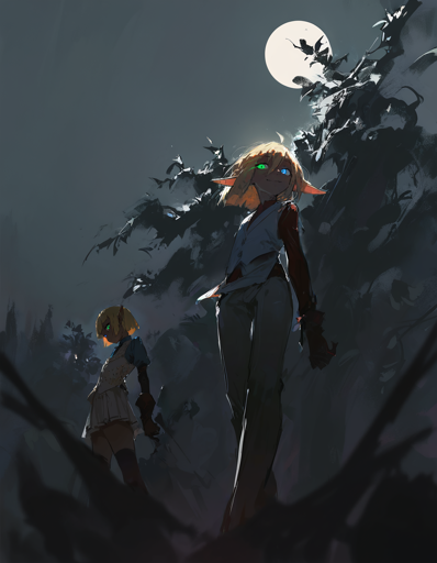 A girl with short blonde hair, pointed ears, and green and blue glowing heterochromatic eyes stands in a dark forest under a full moon. She wears a white vest over a red shirt with a matching pair of white trousers. To the left of the central figure, there is a second character, a boy with short blonde hair, pointed ears, and green and blue glowing heterochromatic eyes in the opposite positions from the central figure's. He is dressed in a white vest with a blue shirt, white pleated skirt, dark thigh high stalkings, and black gloves, and she is also walking through the forest. In the background, a large full moon hangs in the sky, illuminating the twisted branches of the trees and thick with foliage, rendered in dark, almost black hues, adding to the eerie atmosphere.