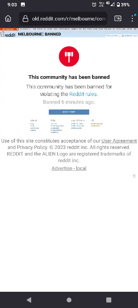 screenshot of r/Melbourne having been banned?