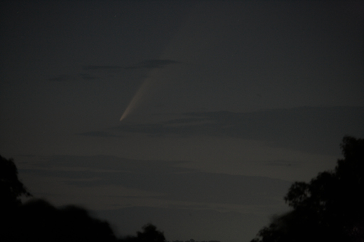 A picture of a comet slightly above the horizon