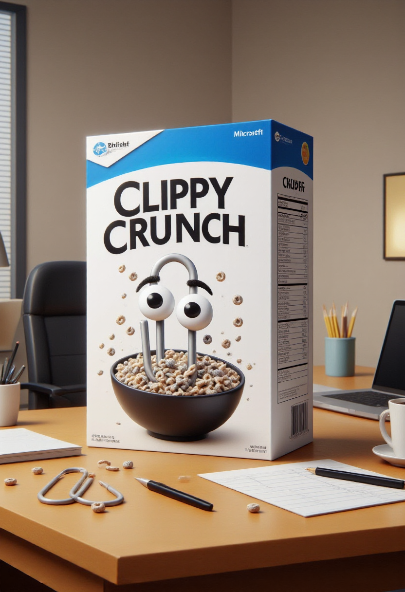 A white cereal box with blue accents on a desk in an office with the iconic Microsoft Office assistant, Clippy, as the main subject on the box design. The cereal is named “Clippy Crunch,” and it is presented as a product of Microsoft. 