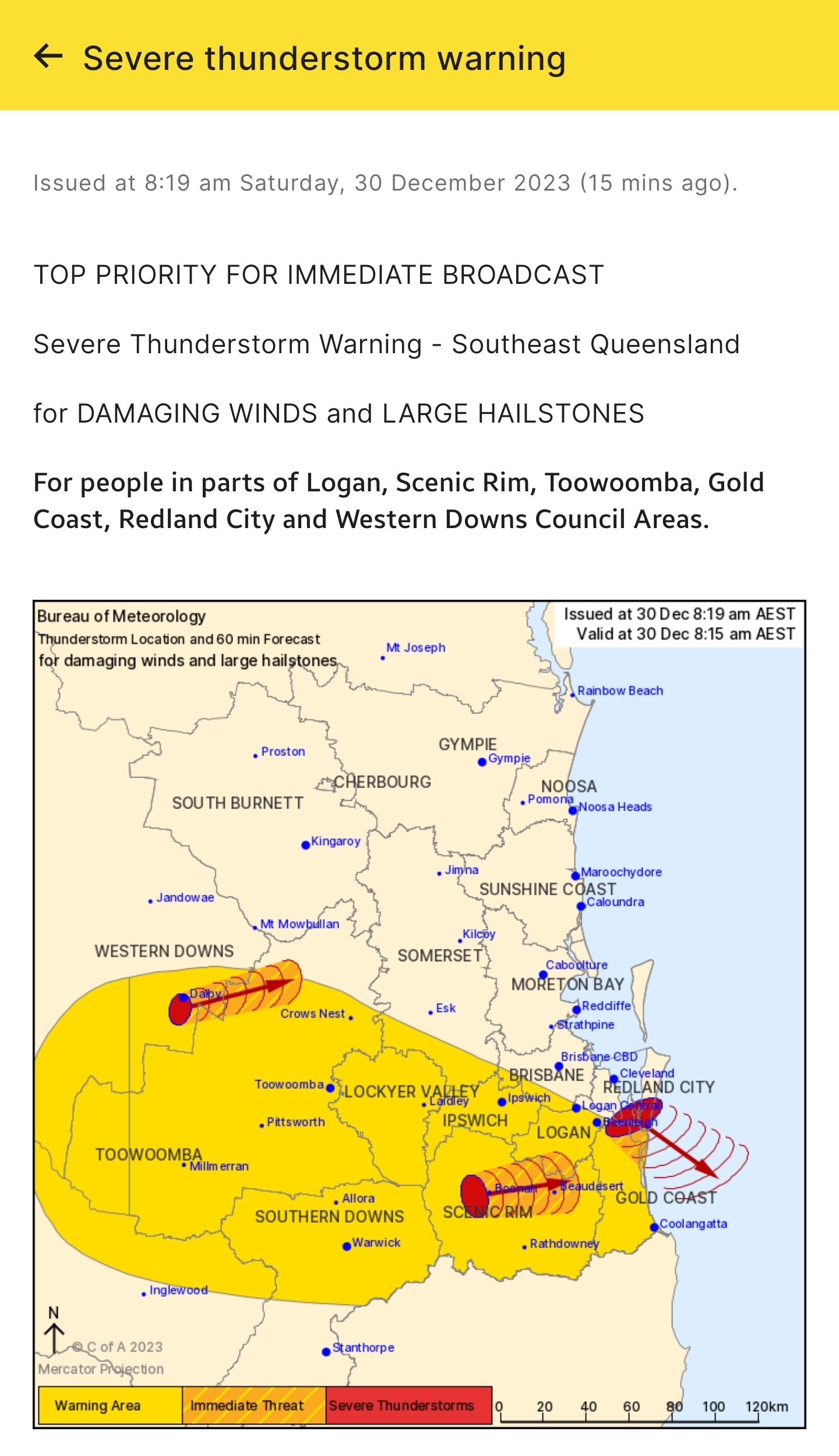 Image from the BOM of a storm warning and affected areas.