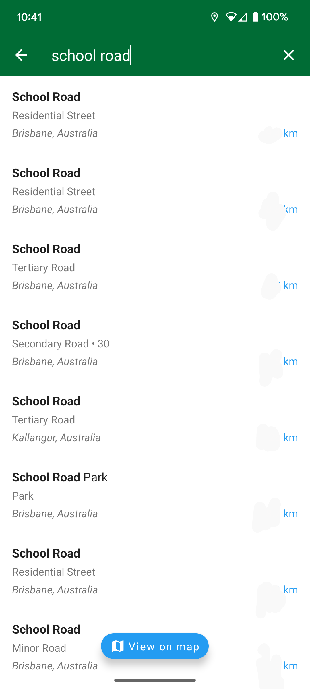 screenshot of Organic Maps searching for "school road" showing a number of roads with that or similar names in "Brisbane, Australia"