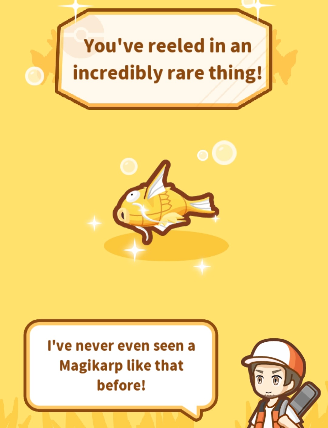 screenshot from mobile game Pokemon Magikarp Jump, showing a yellow shiny magikarp