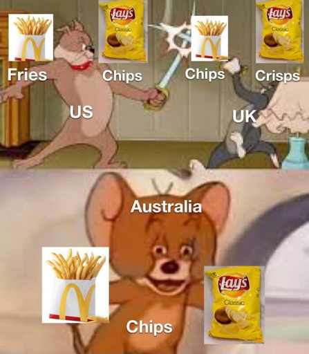 Two panel cartoon. First panel shows two sword fighting combatants, Spike the dog, representing US terminology of “fries” and “chips”, versus Tom the cat, representing UK terminology “chips” and “crisps”. Second panel: close-up of Jerry the mouse, blissful, representing Australia terminology of “chips” for both what the US names “fries” and what the UK names “crisps”.