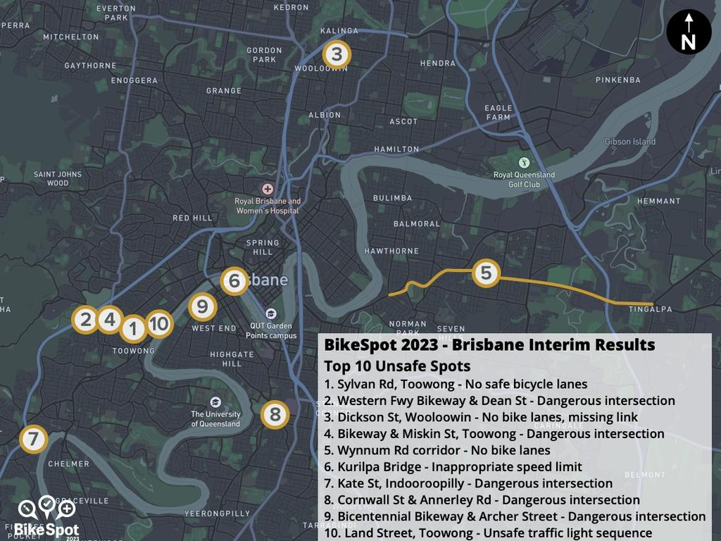 The top ten unsafe bike spots around Brisbane as voted by 4000 residents. Picture: Bike Spot