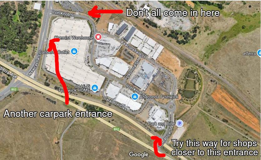 A annotated aerial view of Canberra Outlet Centre suggesting people use more than one way in