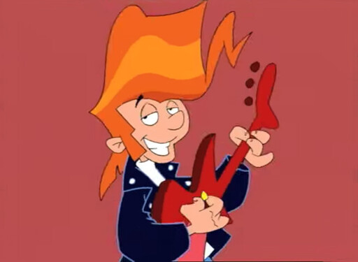A still image of Lil' Elvis, a young guitarist from the cartoon Lil' Elvis and the Truckstoppers