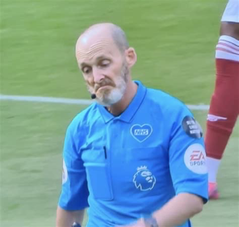 Mike Dean’s face upon learning that VAR overturned a penalty awarded against Arsenal