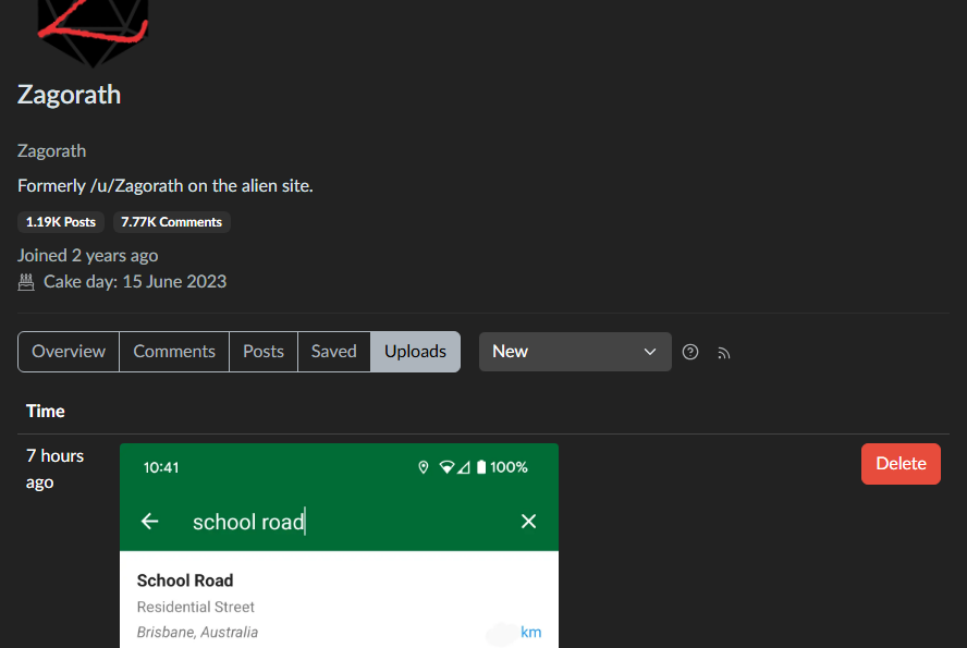 screenshot of the lemmy user profile page on "uploads" tab, showing the most recent upload 7 hours ago