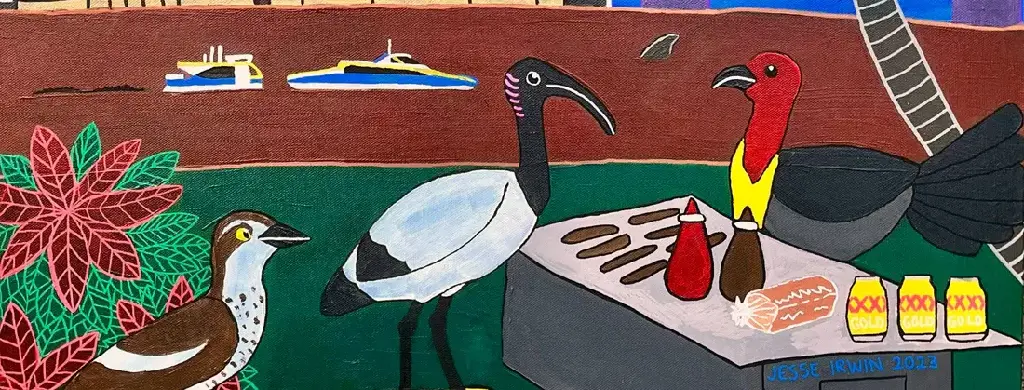 Painting of a bush stone curlew, an Australian white ibis, and a bush turkey having a barbecue.