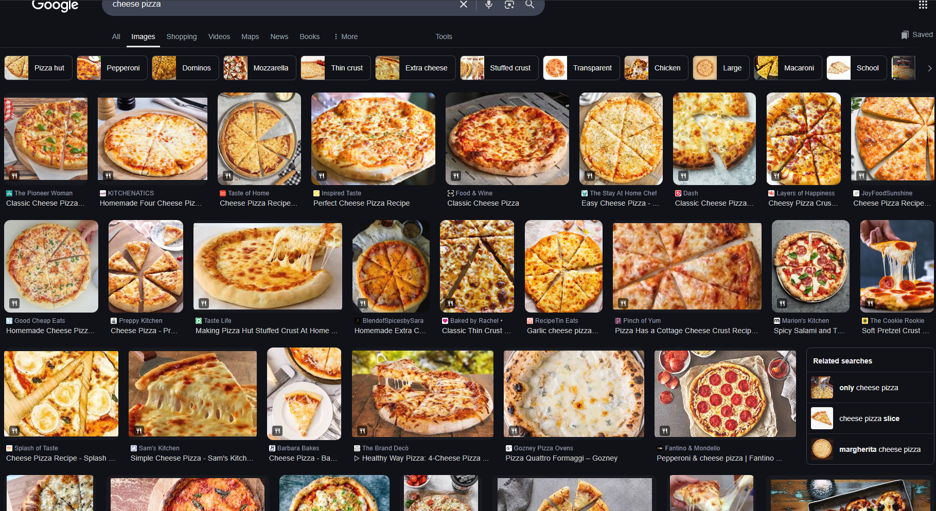 Screenshot of a Google Images search for "cheese pizza"