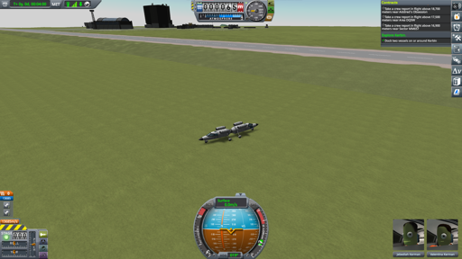 A screenshot of KSP showing two planes without wings and with docking ports replacing their tails, docked with each other right next to the runway of the Kerbal Space Center