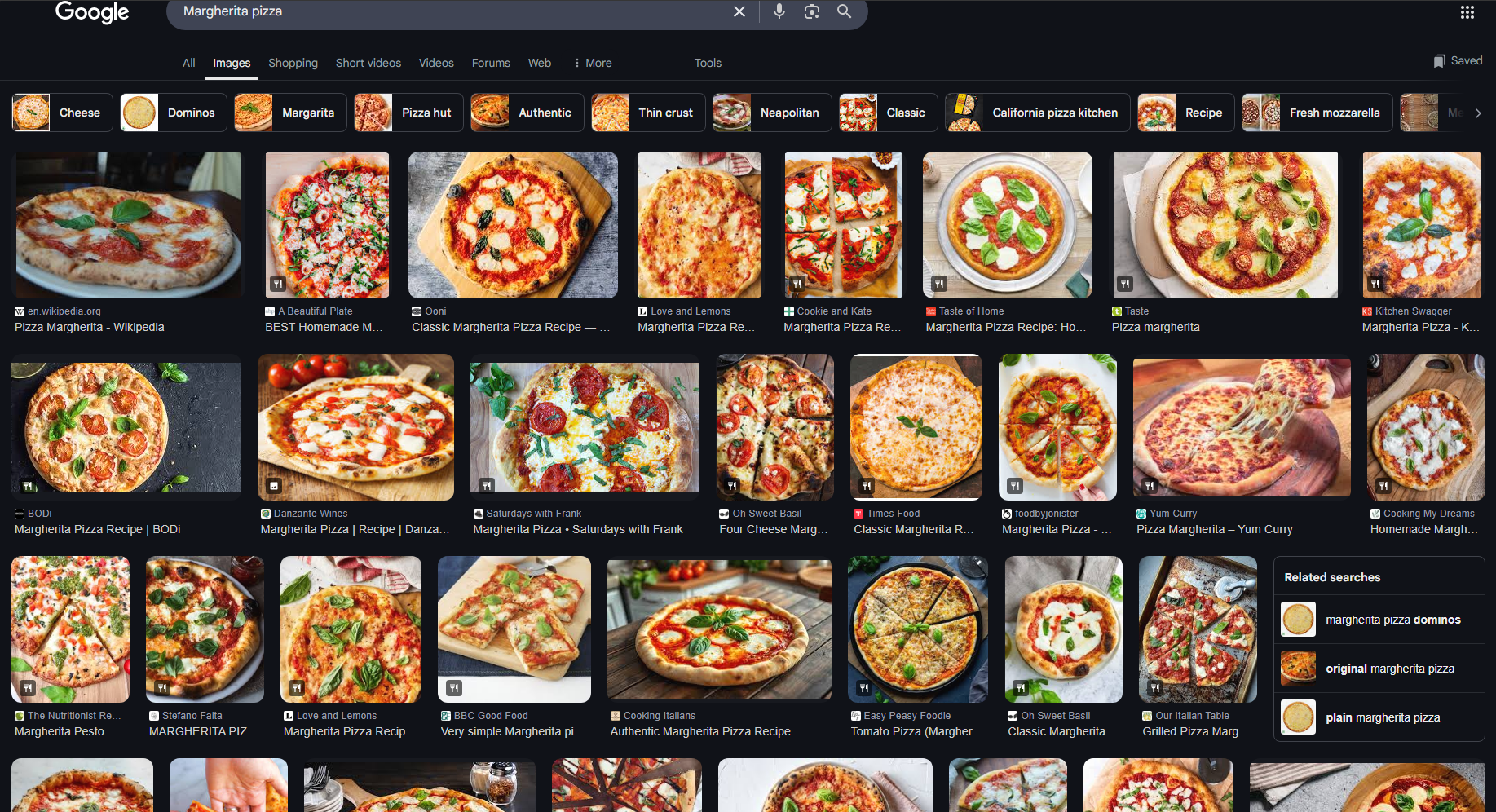 Screenshot of a Google Images search for "Margherita pizza"