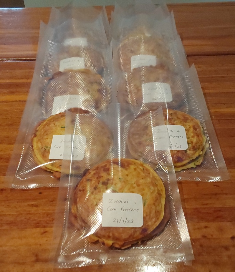 Vegetable fritters packaged for the freezer