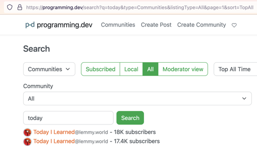 Shows duplicate listing of 'Today I Learned@lemmy.world'. One with 18K subscribers. One with 17.4K subscribers.