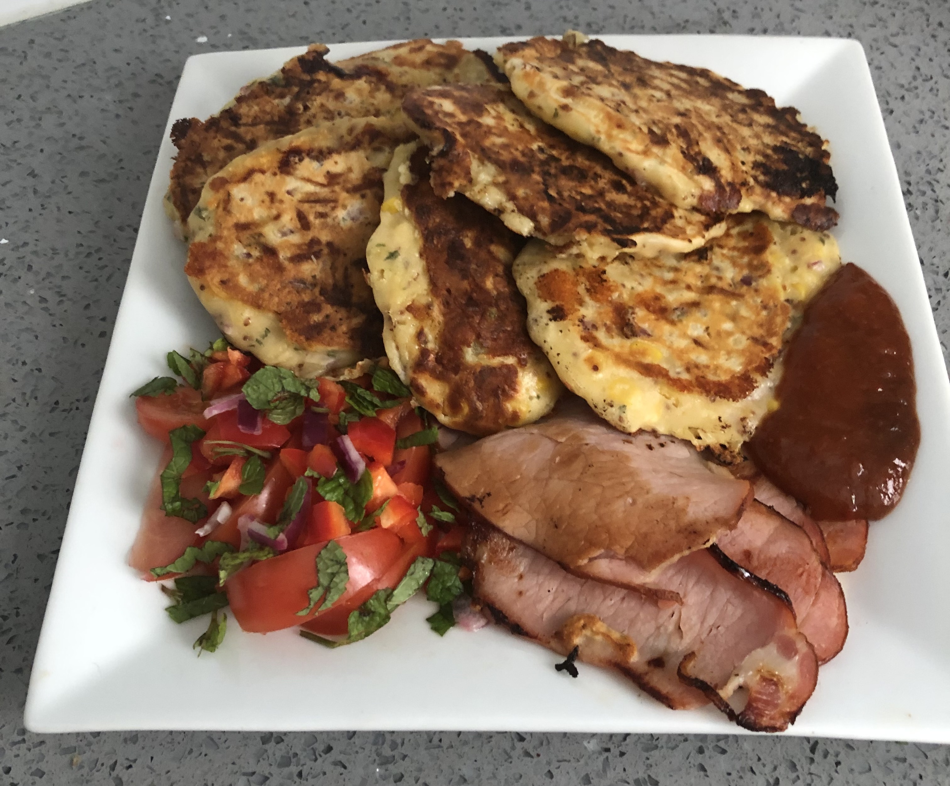 corn fritters and bacon